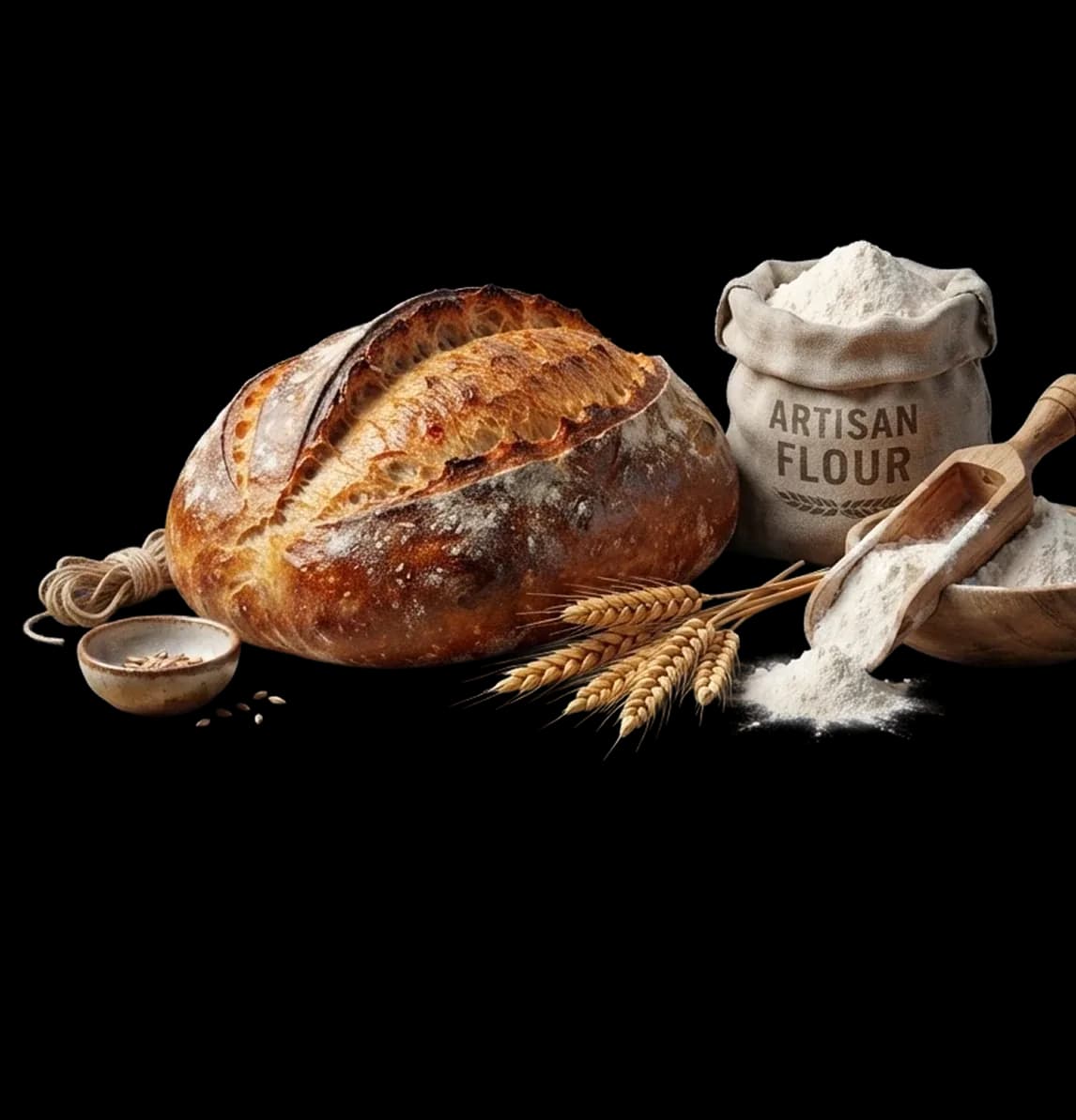 Rustic sourdough loaf with a sack of artisan flour and wheat ears