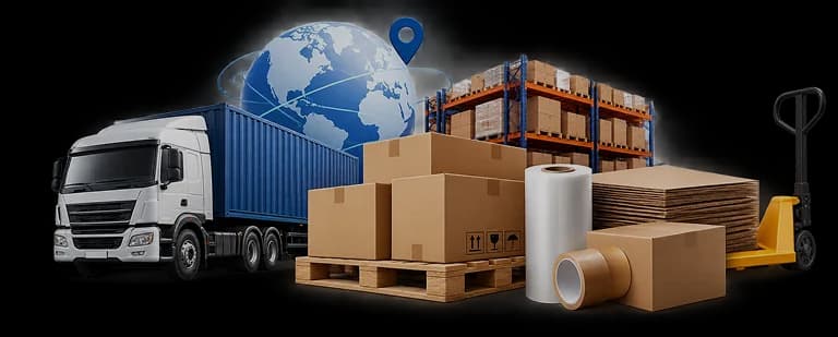 Delivery truck and stacked cardboard boxes
