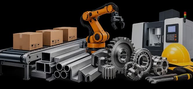 Machined metal parts and an industrial robot arm