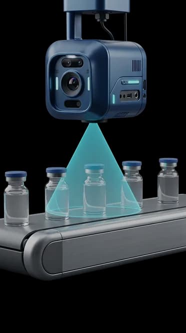 Vision camera inspecting a pharmaceutical vial on a conveyor