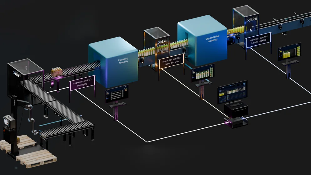 3D illustration of an edge AI camera inspecting products on a production line
