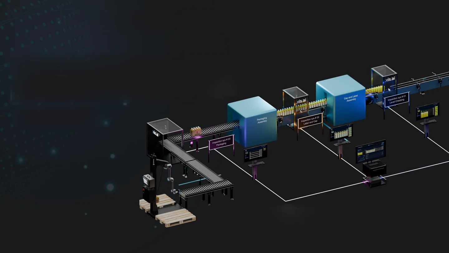 3D illustration of an edge AI camera inspecting products on a production line
